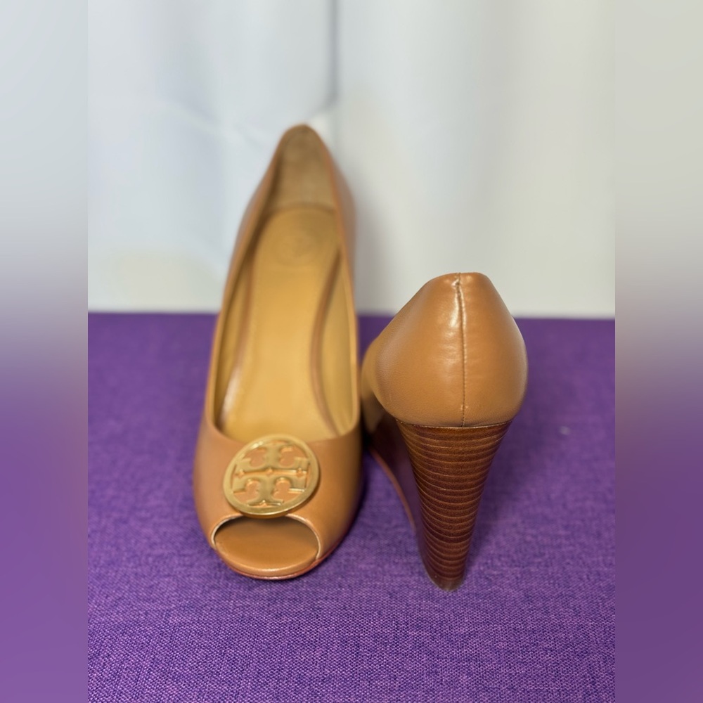 Tory Burch Brown Peep-Toe Wedges - Picture 3 of 3